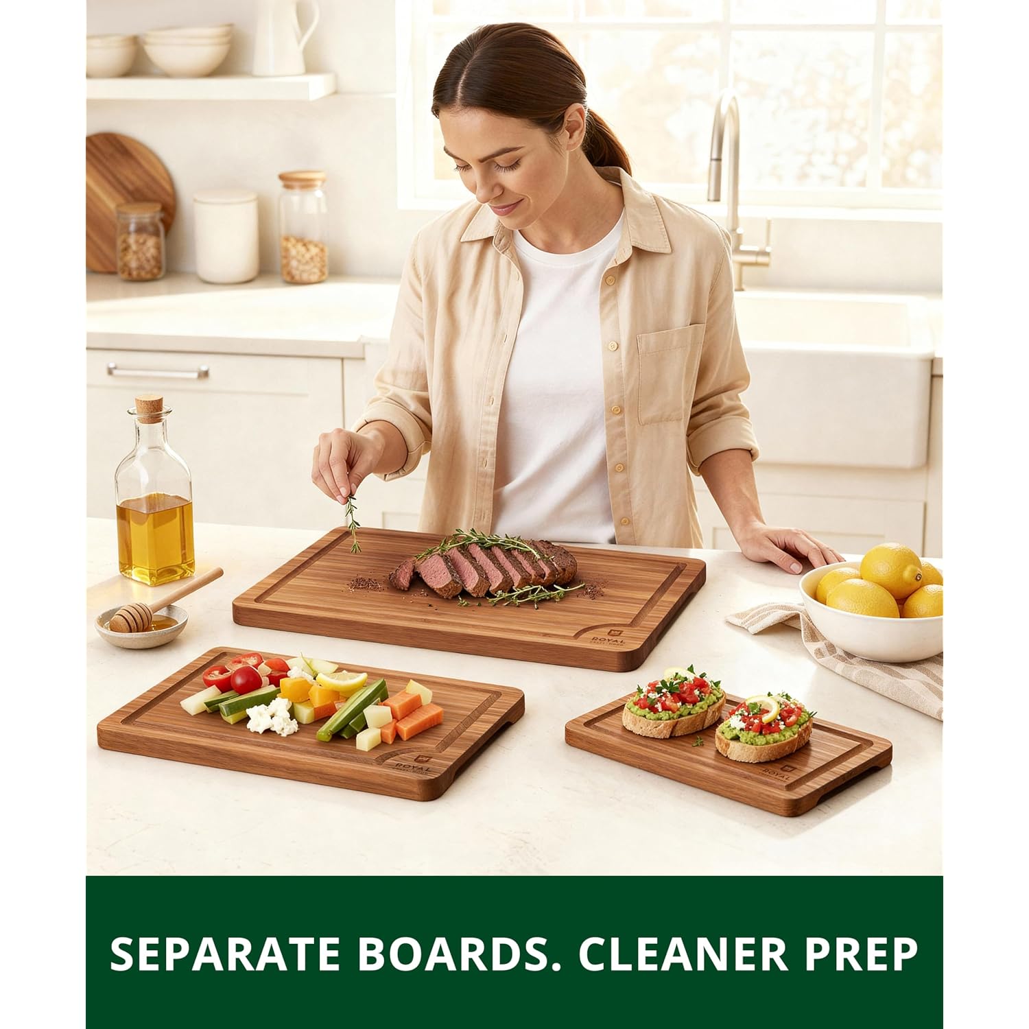 Royal Craft Wood Wooden Cutting Boards For Kitchen Meal Prep & Serving - Non Toxic Bamboo Wood Cutting Board Set With Deep Juice Groove Side Handles - Charcuterie & Chopping Butcher Block For Meat