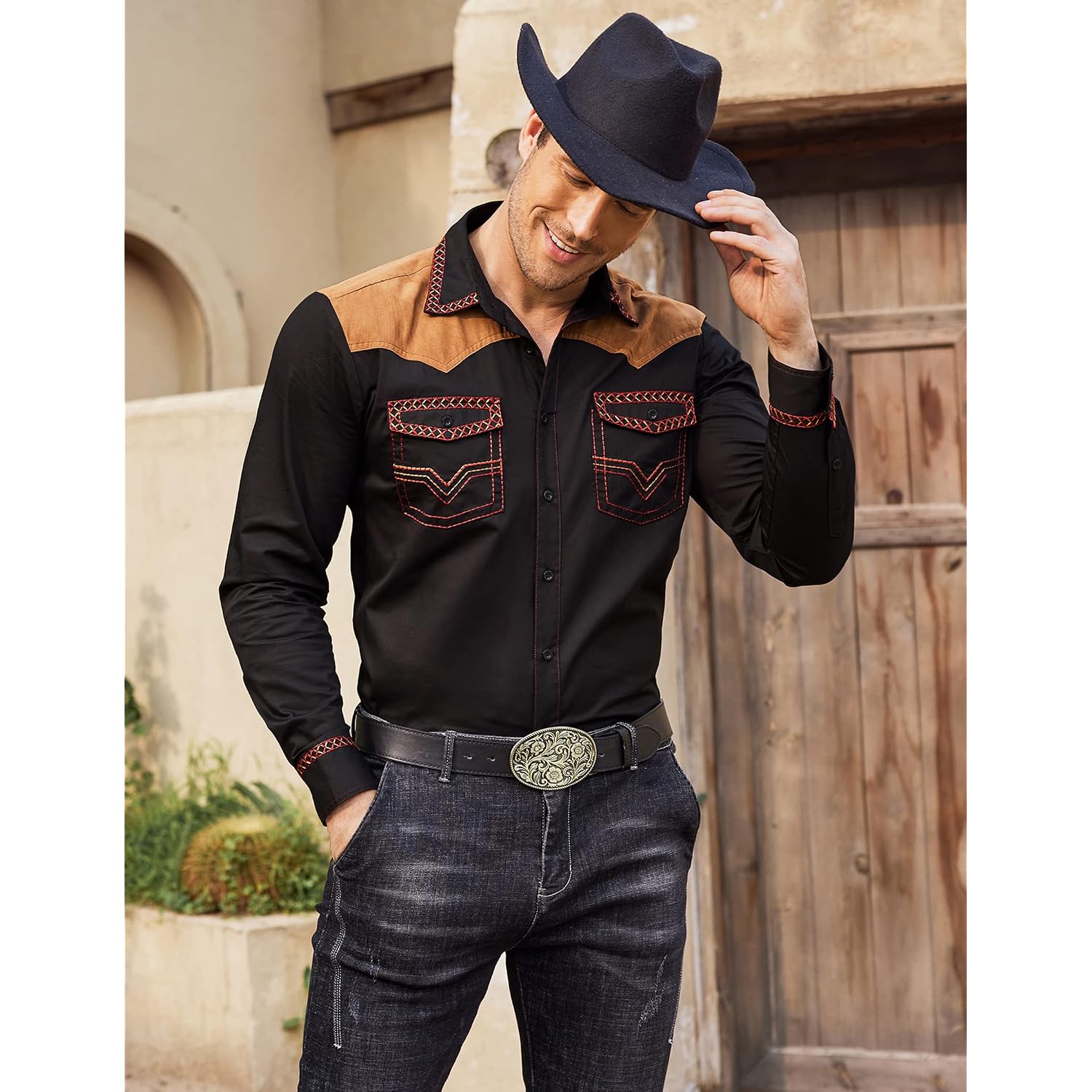 Coofandy Men'S Western Cowboy Shirt Embroidered Long Sleeve Slim Fit Casual Cotton Button Down Hippie Shirts With Pockets