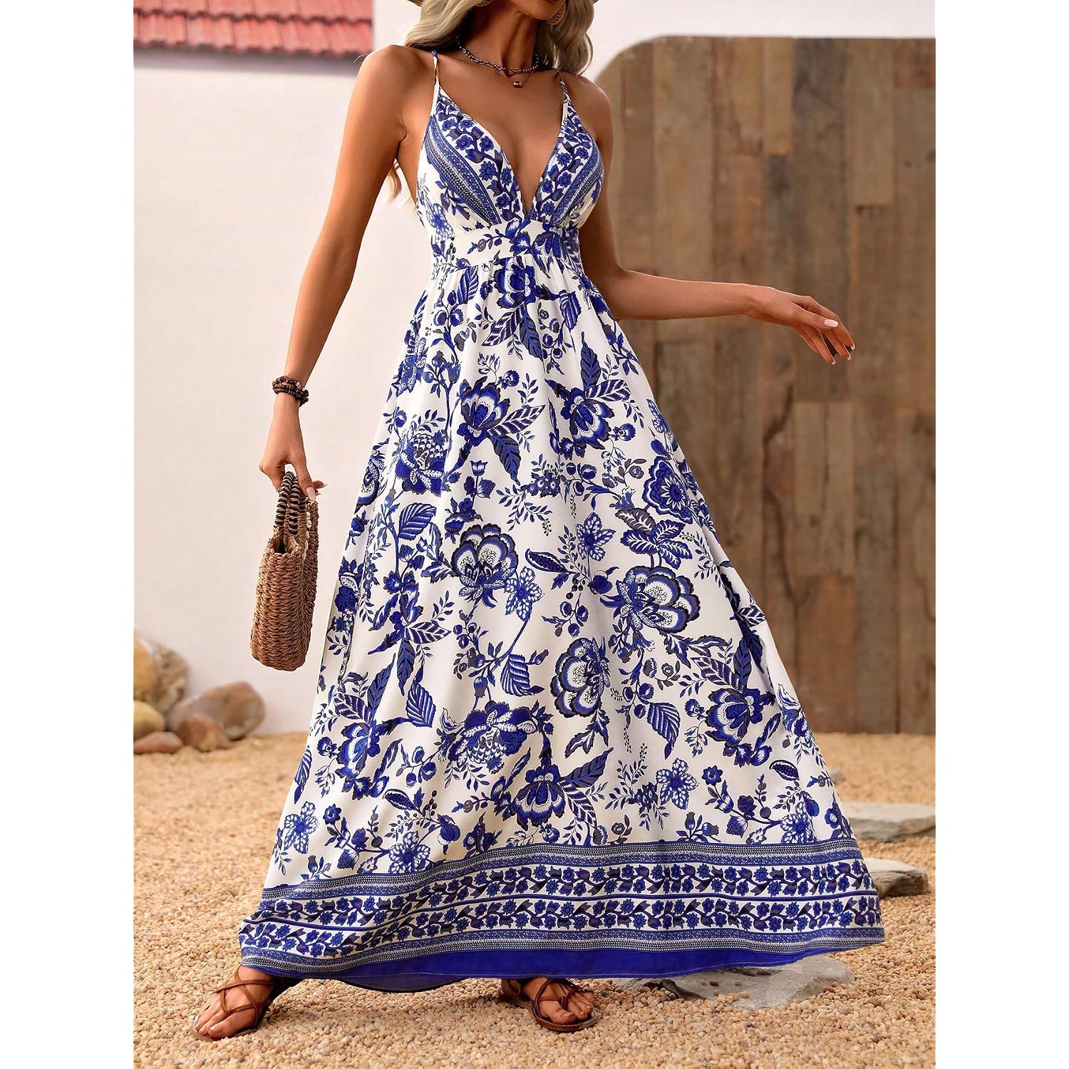 Makemechic Women'S Boho Maxi Dress Summer Luau Outfits Beach Wedding Guest Backless Sundress Flowy Resort Wear