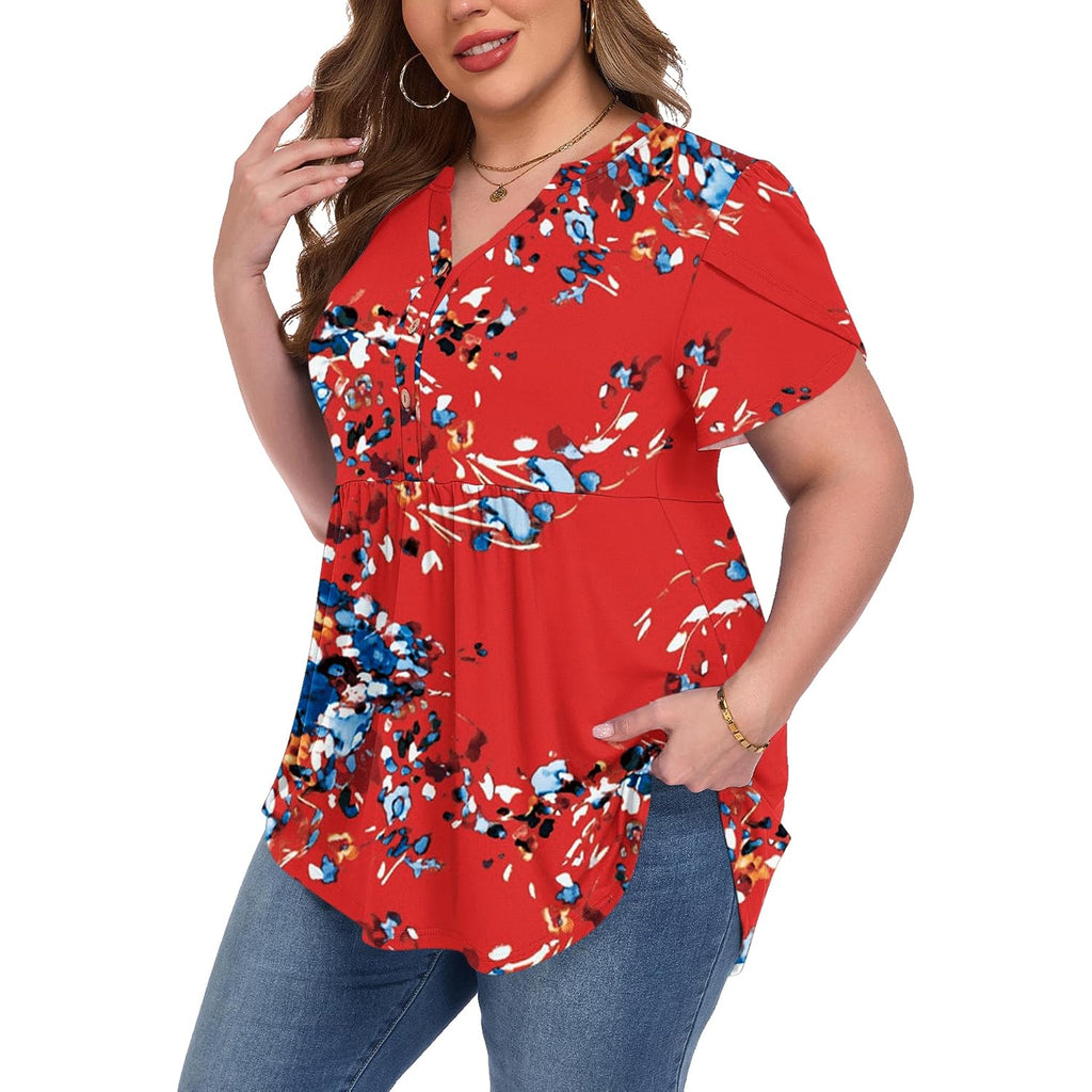 Women's Plus Size Short Ruffle Sleeve Henley Shirts V Neck Button Tunic Tops Casual Swing Flowy Dressy Blouses