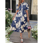 Wenrine Womens Casual Shirt Dress Floral Collared Short Sleeve Button Down Drawstring Waist Loose Summer Maxi Dresses