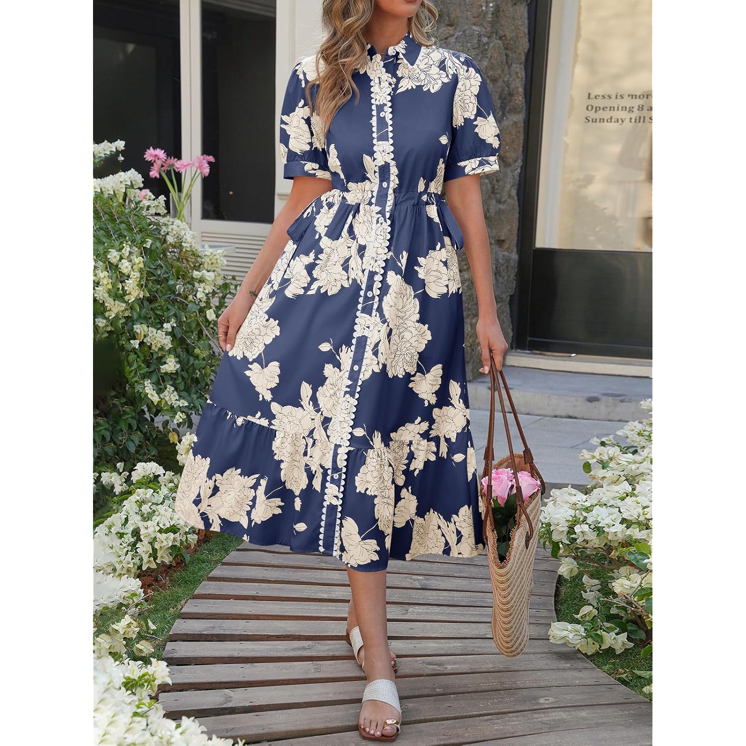 Wenrine Womens Casual Shirt Dress Floral Collared Short Sleeve Button Down Drawstring Waist Loose Summer Maxi Dresses