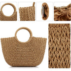 Women Summer Beach Bag, Straw Handbag Top Handle Big Capacity Travel Tote Purse Hand Woven Straw Large Hobo Bag