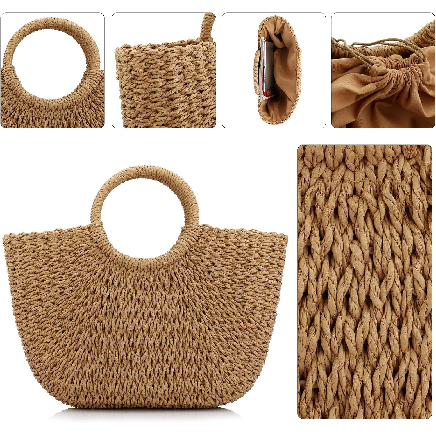 Women Summer Beach Bag, Straw Handbag Top Handle Big Capacity Travel Tote Purse Hand Woven Straw Large Hobo Bag