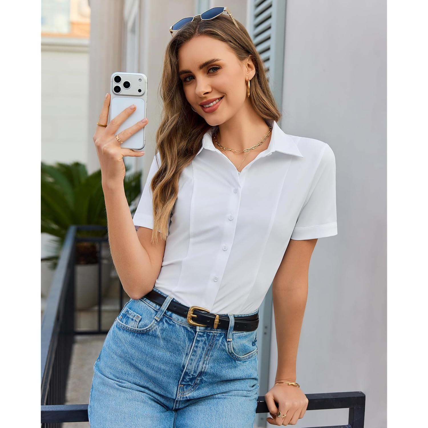 Button Down Shirts for Women Stretch Short Sleeve Dress Shirts for Women Collared Wrinkle Free Business Top Work Blouse