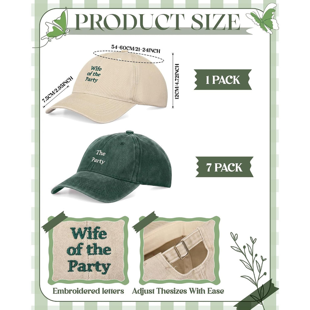 8 Pack Adjustable Bachelorette Hat, 1 Wife of the Party Cap and 7 the Party Cap for Bridesmaid Bride Wedding Gift Beige, Green