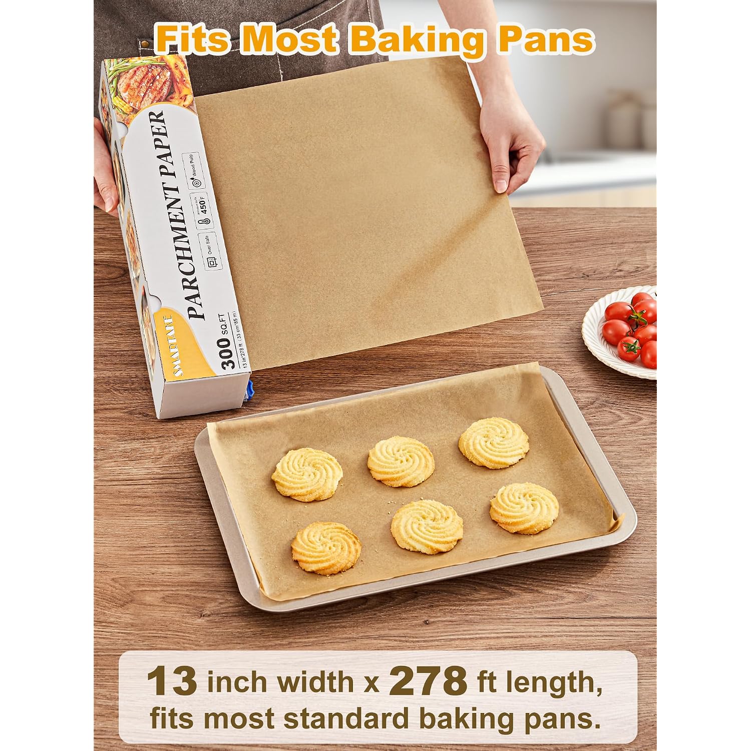 Smartake Parchment Paper Roll For Baking, 13 In X 278 Ft, 300 Sq.Ft, Non-Stick Baking Paper Sheets With Slide Cutter, Heavy Duty Extra Long, For Kitchen Baking Cooking Grilling Steaming, Unbleached