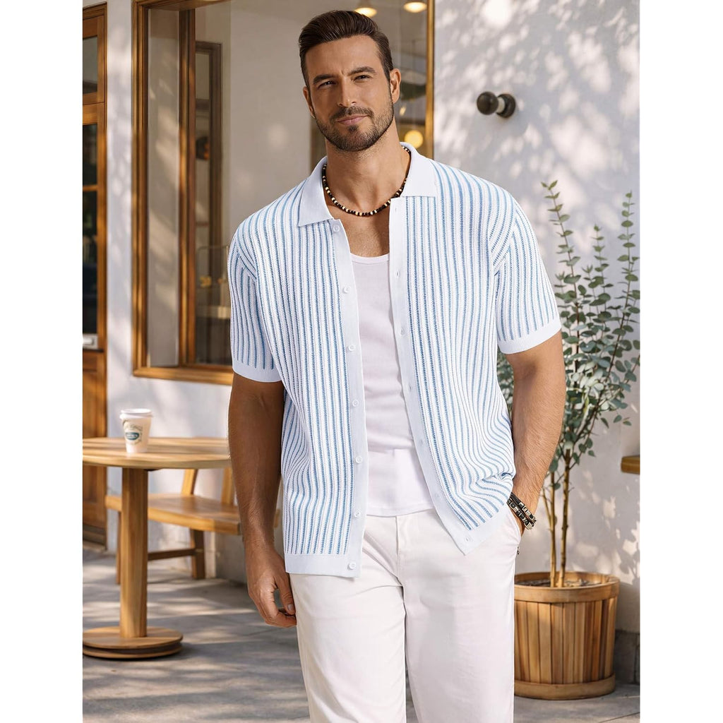 Coofandy Mens Knit Button Down Shirts Short Sleeve Polo Shirt Vintage Striped Casual Shirts