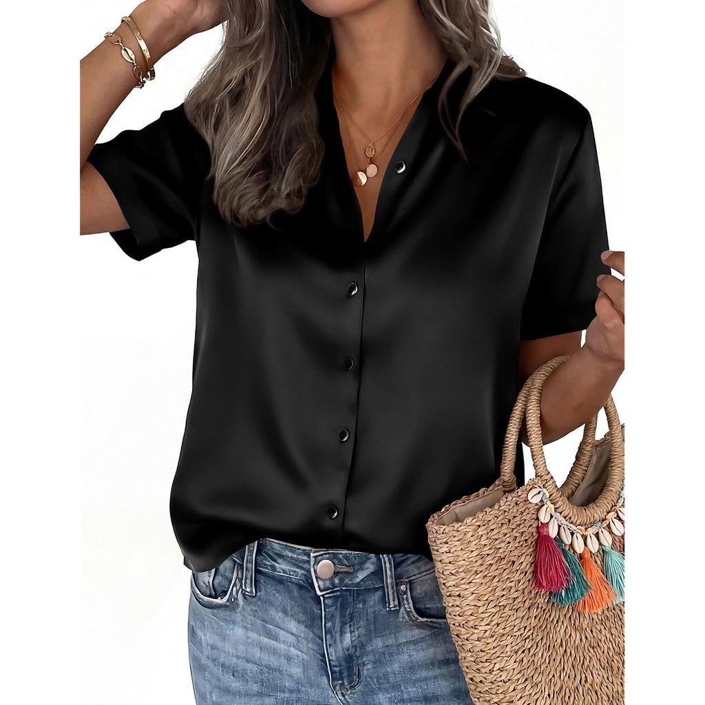 Prettygarden Womens 2026 Summer Button Down Shirts Short Sleeve Work Tops Dressy Satin Blouses Spring Business Casual Outfits