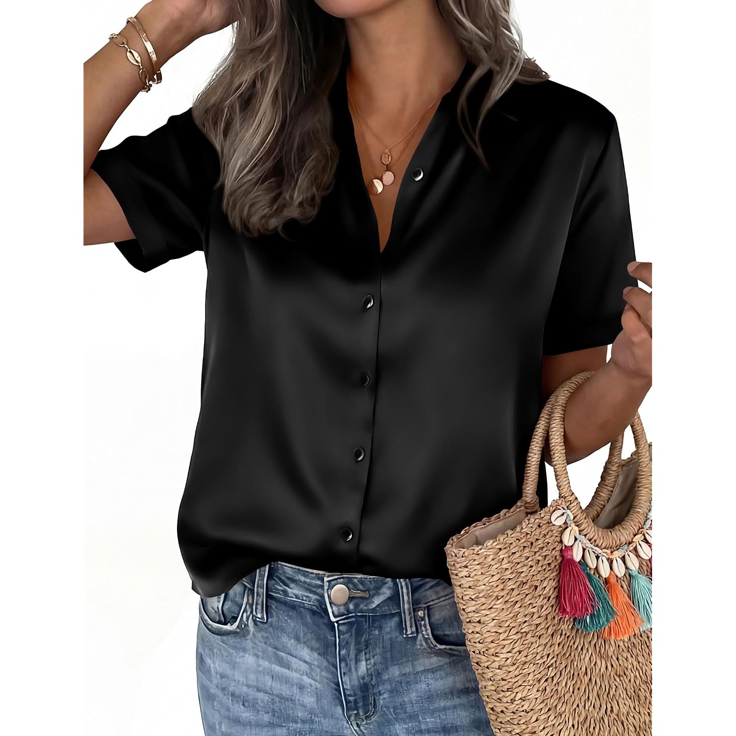 Prettygarden Womens 2026 Summer Button Down Shirts Short Sleeve Work Tops Dressy Satin Blouses Spring Business Casual Outfits