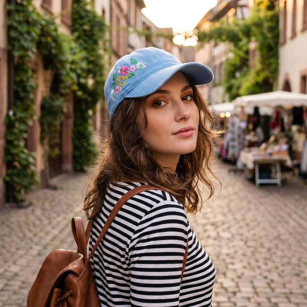 HOVEOX Flower Baseball Cap Embroidered Hat Baseball Cap Women's Hats Trendy Embroided Flower Gift for Woman Blue