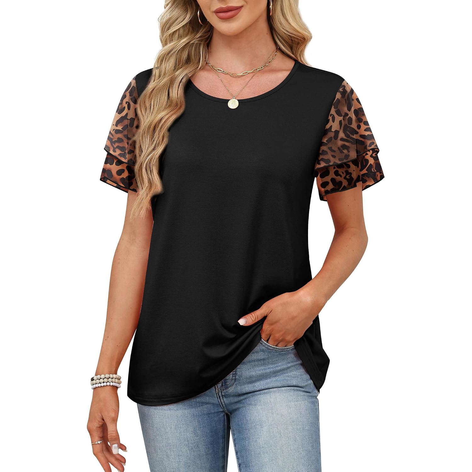 Wiholl Womens Summer Tops Trendy Ruffle Sleeve Shirts Casual Chiffon Blouses Beach Vacation Clothes