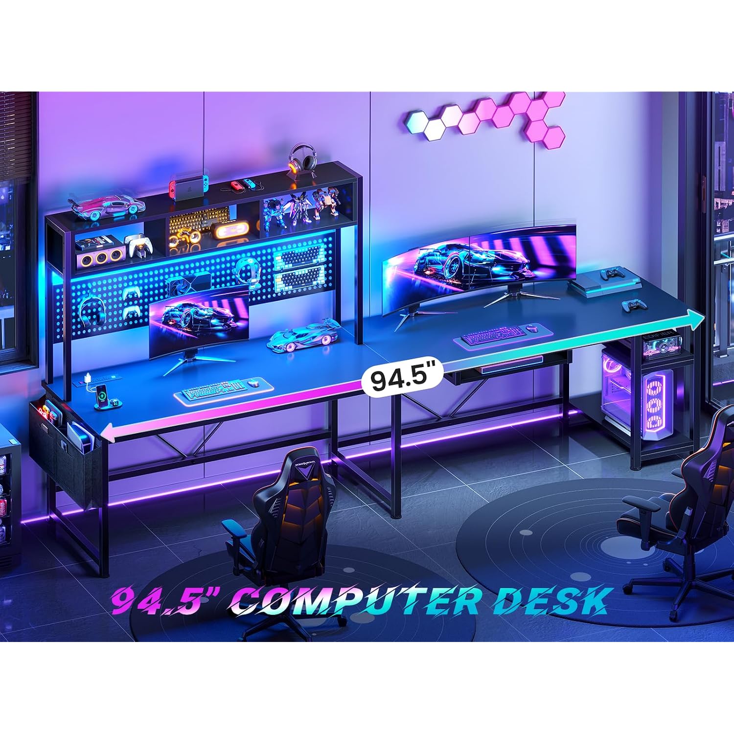 Sedeta L Shaped Gaming Desk, Reversible Computer Desk With Power Outlet And Pegboard, Gaming Desk With Led Lights, Keyboard Tray And Storage Bag For Home Office, Black