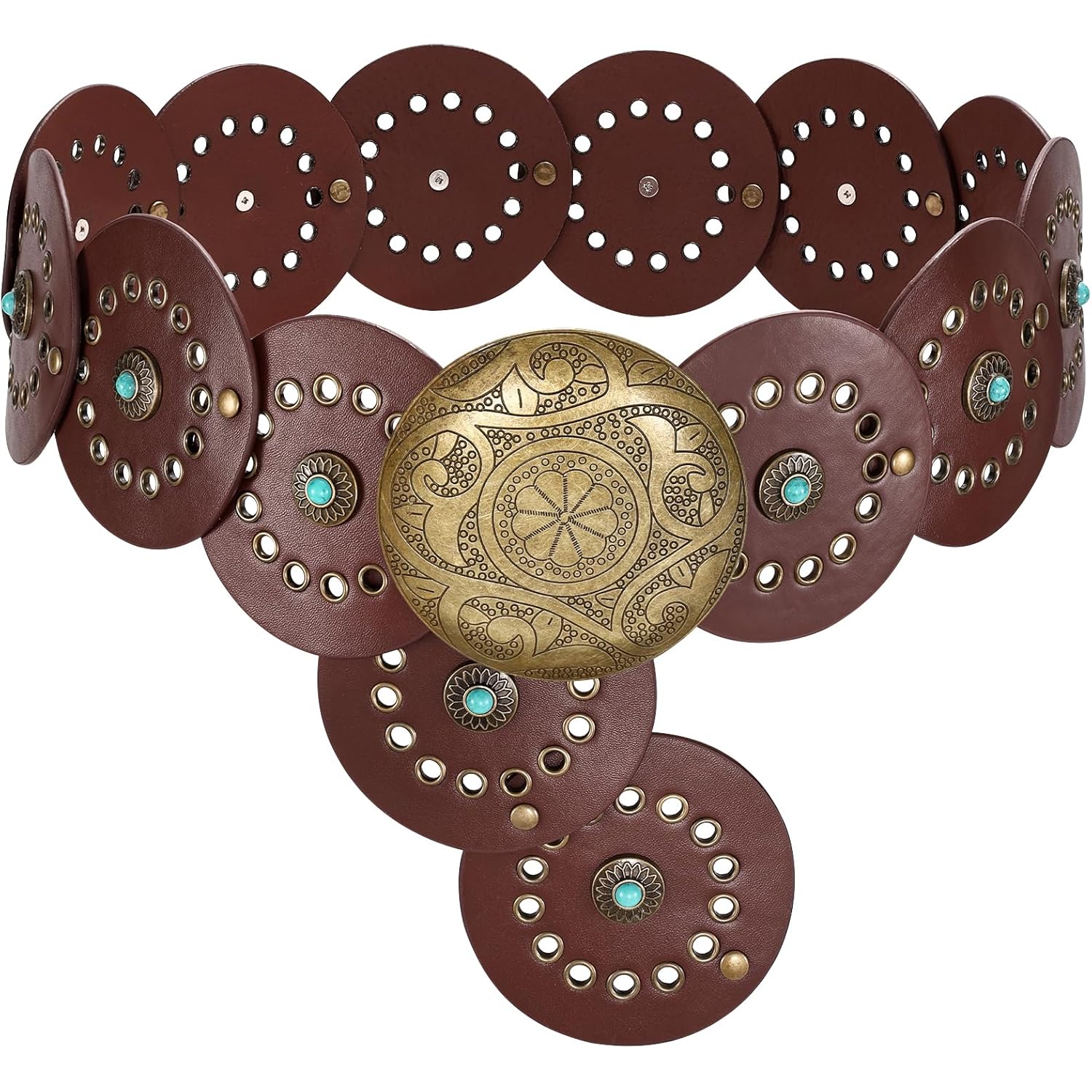 LEACOOLKEY Women's Boho Disc Belt Wide Western Leather Belt Vintage Concho Waist Belts for Dress Jeans