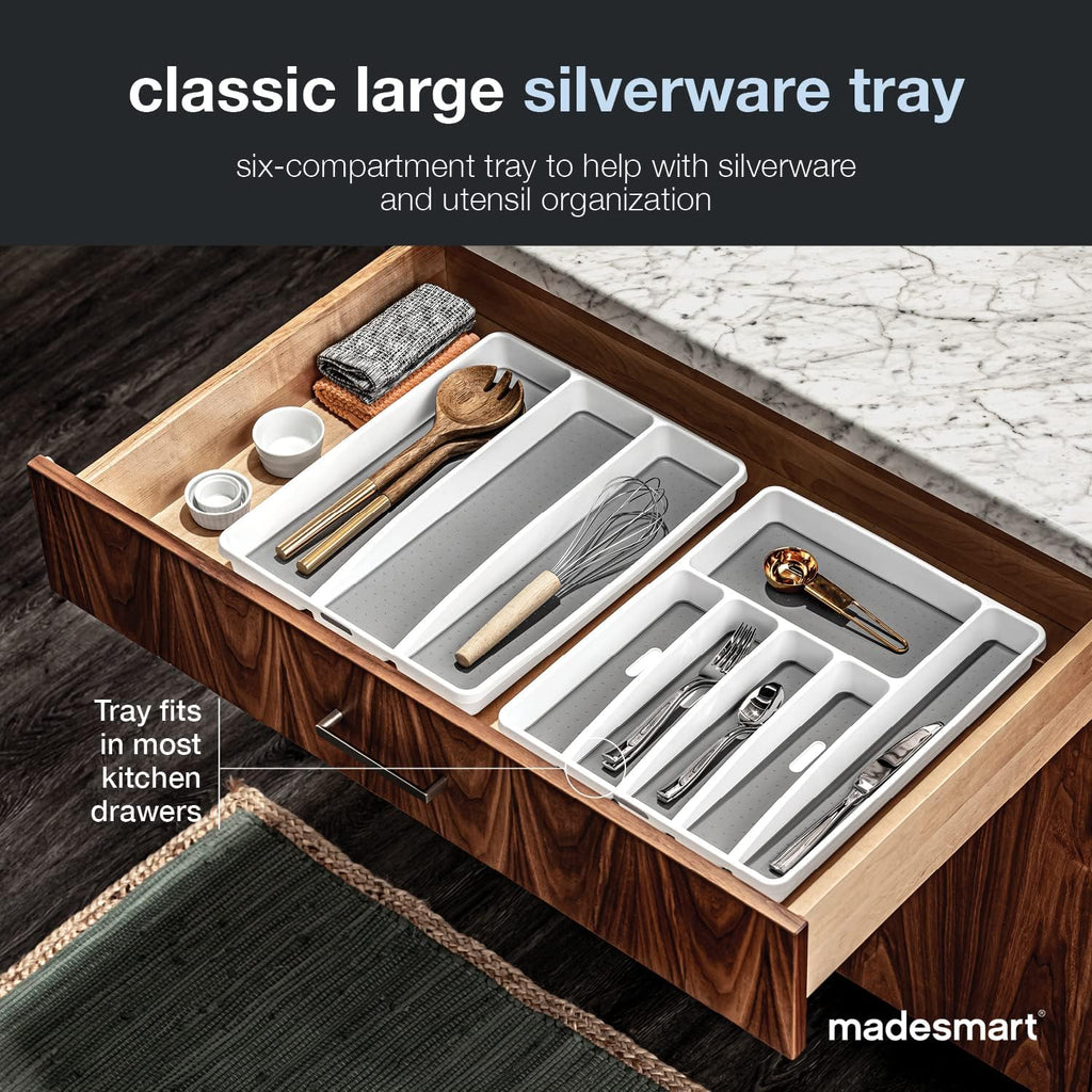 Madesmart Classic Large Silverware Tray - White |Classic Collection | 6-Compartments| Kitchen Drawer Organizer | Soft-Grip Lining And Non-Slip Rubber Feet | Bpa-Free