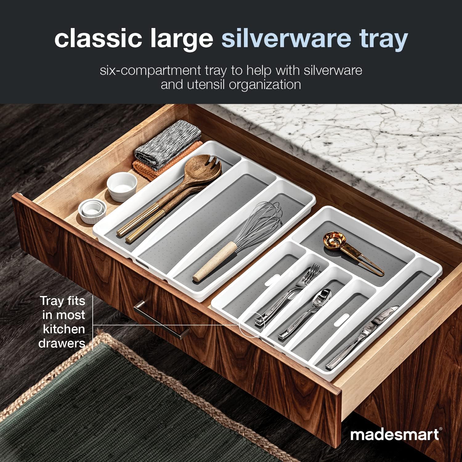 Madesmart Classic Large Silverware Tray - White |Classic Collection | 6-Compartments| Kitchen Drawer Organizer | Soft-Grip Lining And Non-Slip Rubber Feet | Bpa-Free