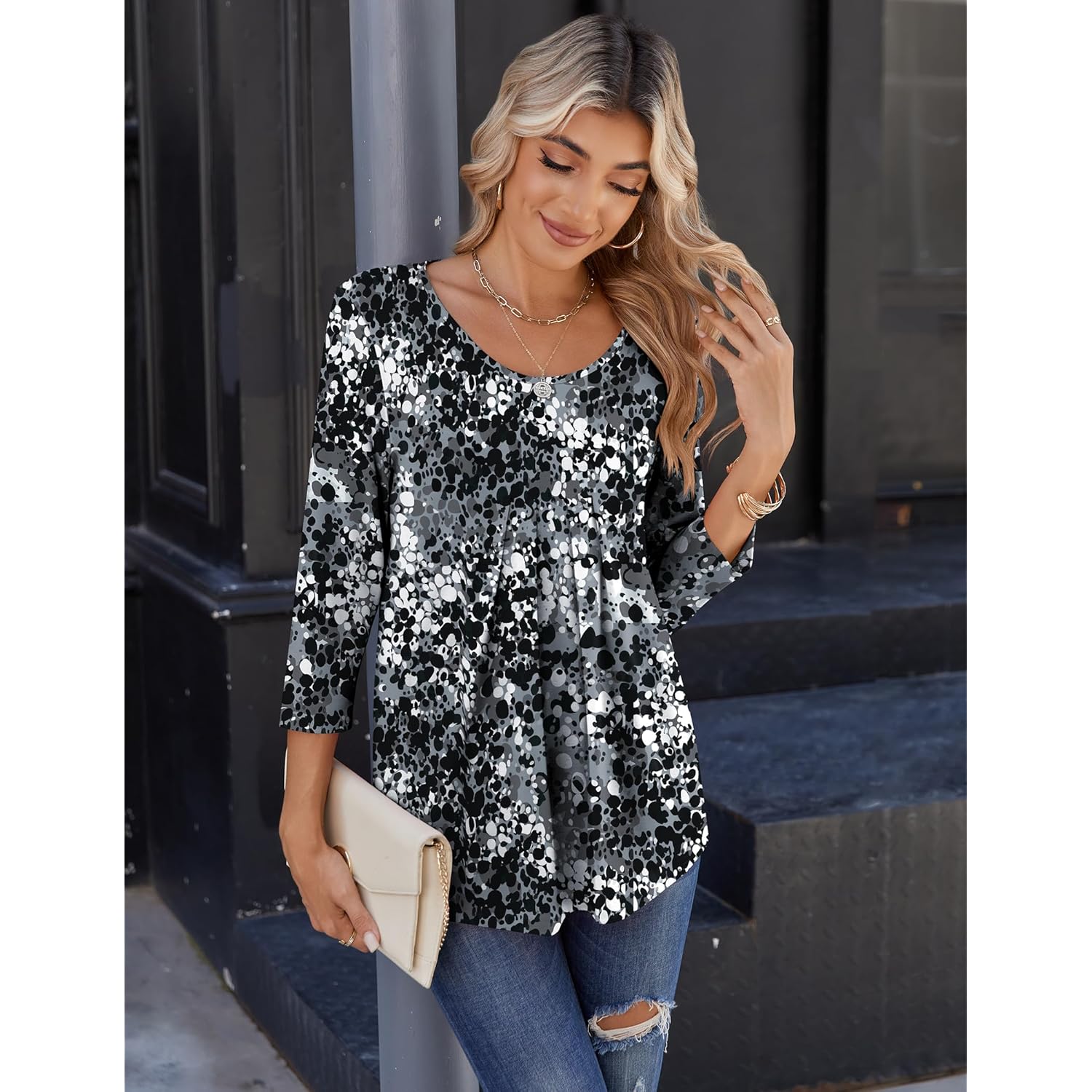 3/4 Sleeve Tops for Women Crew Neck Blouses Pleated Casual Shirts Fall Work Clothes 2026