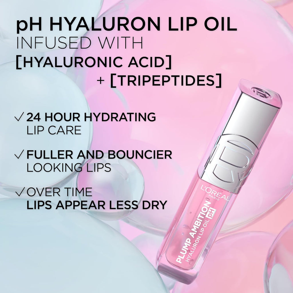 L'Oreal Paris Plump Ambition Ph Hyaluron Lip Oil, Color Shifting Lip Tint With 24Hr Hydration, Volumizing Shine And Lasting Color, 020 Ph Rosé