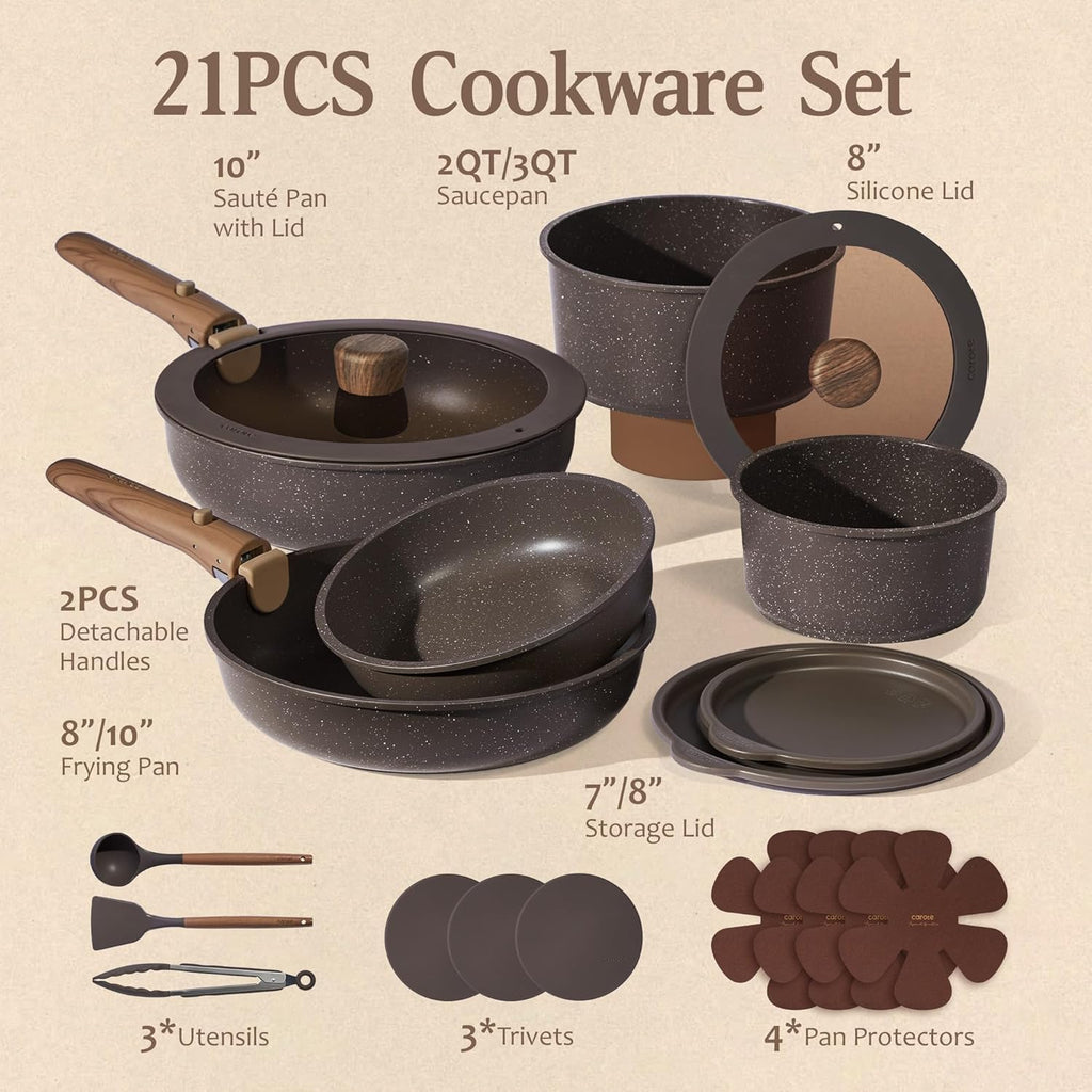 CAROTE 21PCS Pots and Pans Set Non Stick with Detachable Handle, Nonstick Cookware Sets, Cooking Kitchen Set, Oven/Dishwasher Safe, Induction Cookware, Brown, RV Kitchen Pot and Pan