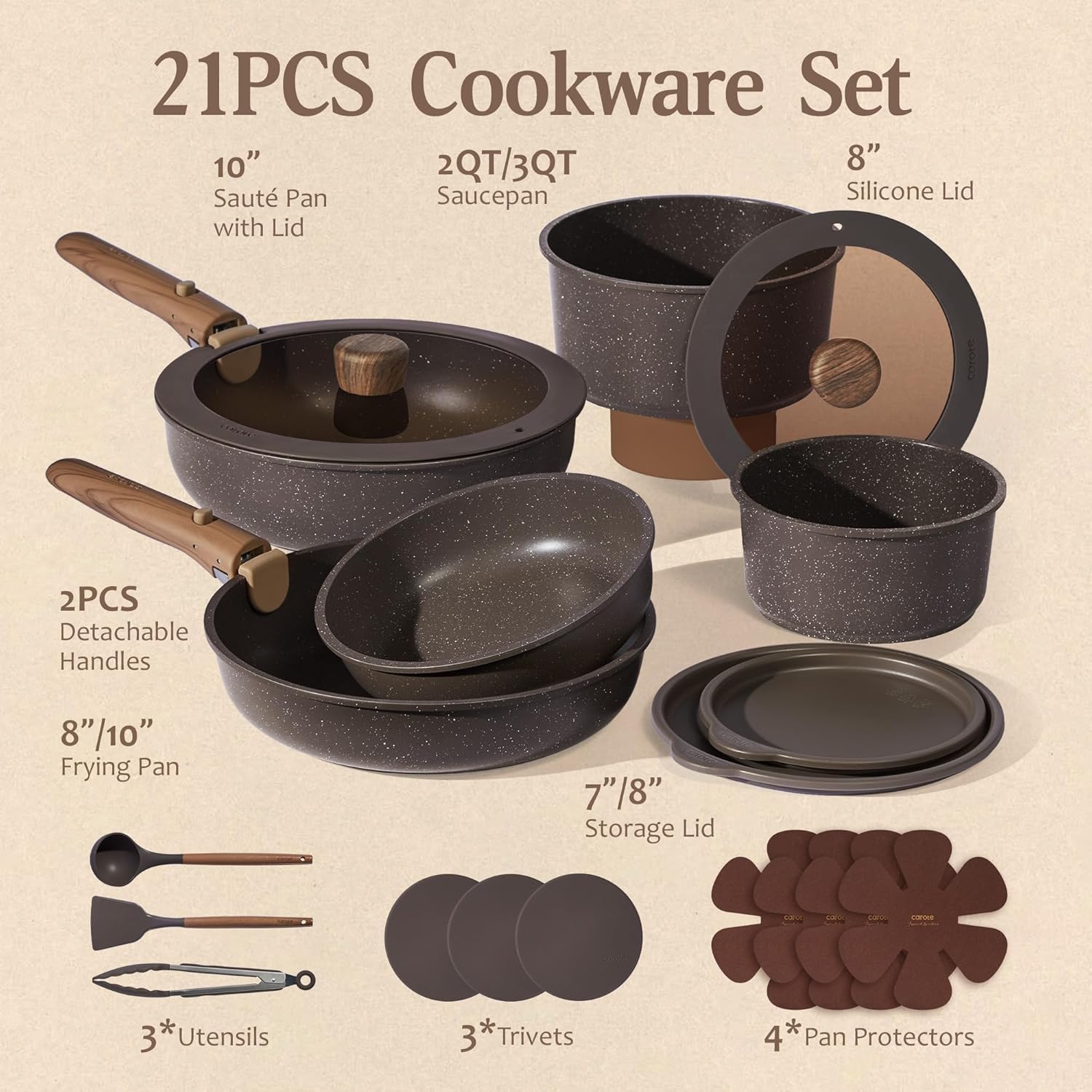CAROTE 21PCS Pots and Pans Set Non Stick with Detachable Handle, Nonstick Cookware Sets, Cooking Kitchen Set, Oven/Dishwasher Safe, Induction Cookware, Brown, RV Kitchen Pot and Pan
