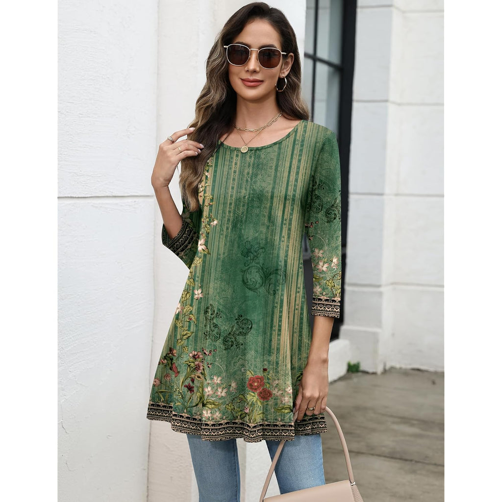 Women Tops 3/4 Sleeve Dressy Casual Plus Size Tunics to Wear with Leggings Swing Flare T-Shirt Loose Blouses