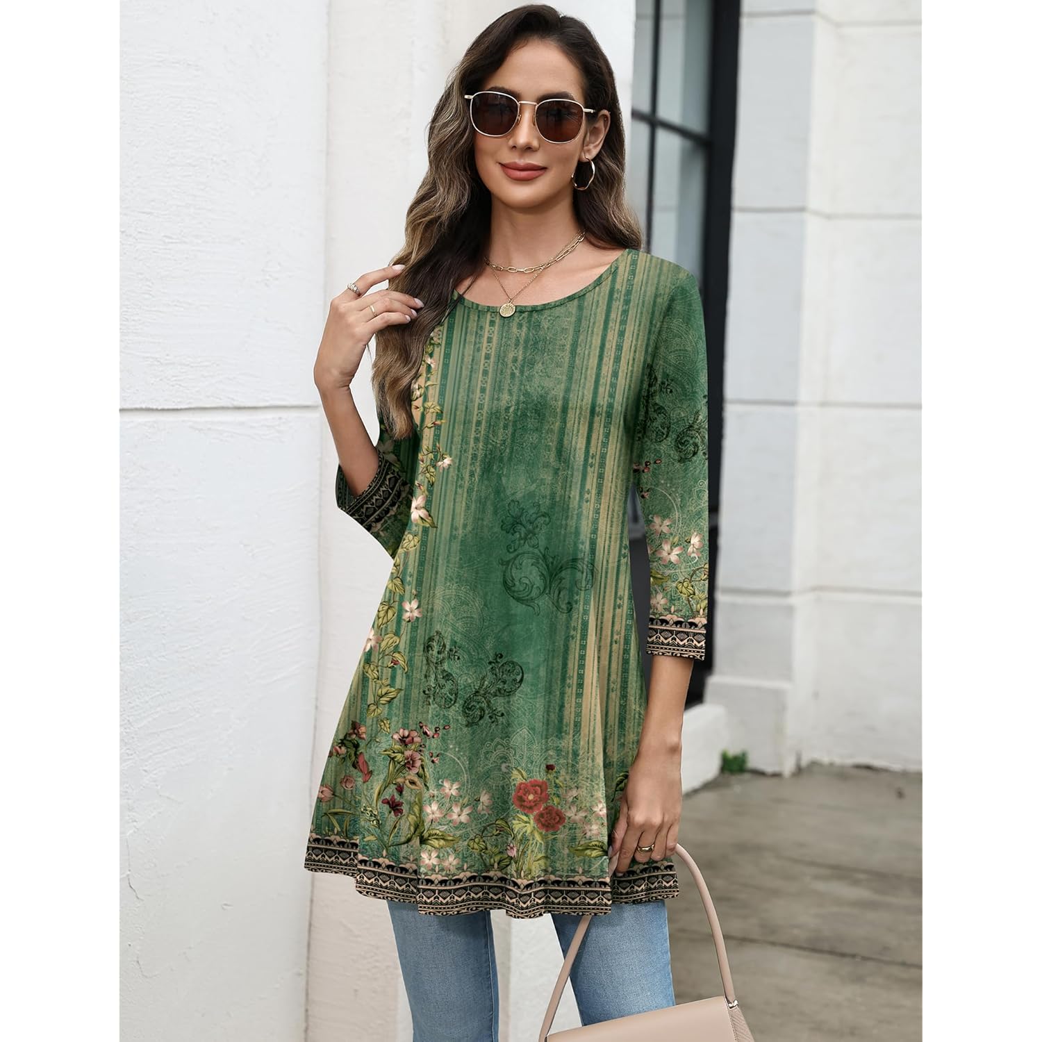 Women Tops 3/4 Sleeve Dressy Casual Plus Size Tunics to Wear with Leggings Swing Flare T-Shirt Loose Blouses