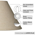 6" Top X 17" Bottom X 11 1/2" High X 11 1/2" Slant Lamp Shade (Pre-Assembled) Replacement Large Beige Brown Empire Round Rustic Farmhouse Western Fine Burlap Fabric Spider Harp Finial