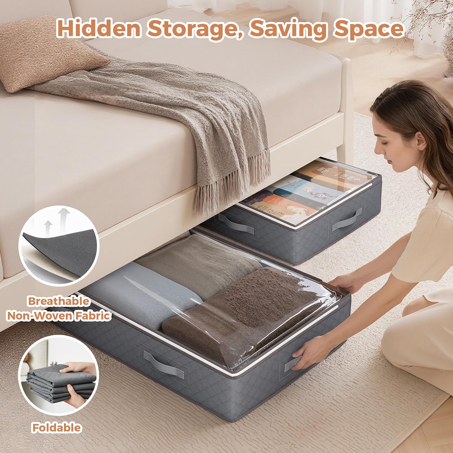 90L Under Bed Storage Containers, 4 Pack Closet Organizers Grey | Foldable Underbed Storage Bins For Linen Sheets, Blanket, Clothing, Comforter, Sweaters, Pillows, Wrapping Paper