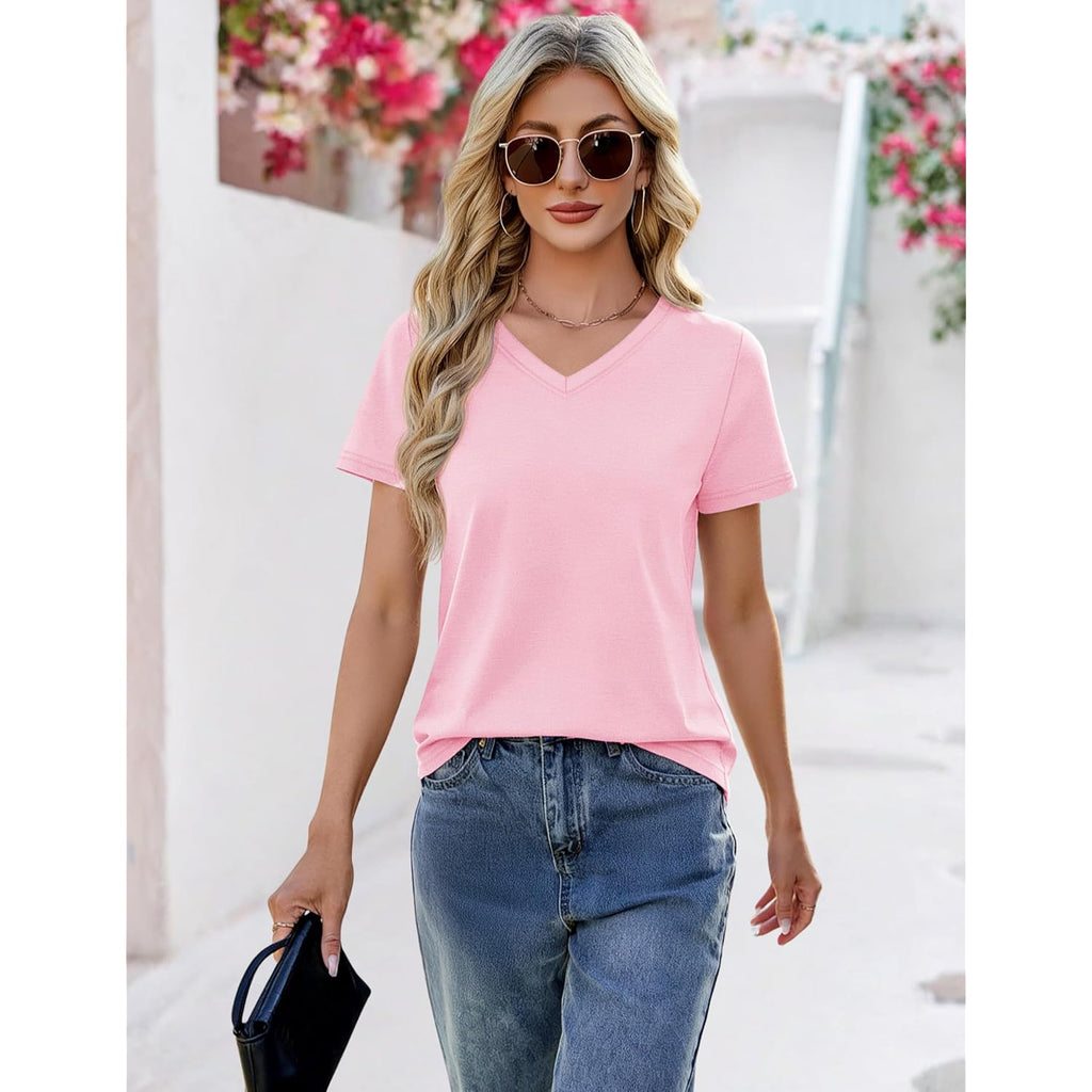 YUCOLEN T Shirts for Women Soft Short Sleeve V Neck Basic Tees Cotton Blend Breathable UPF 50+ Tops for Summer Spring