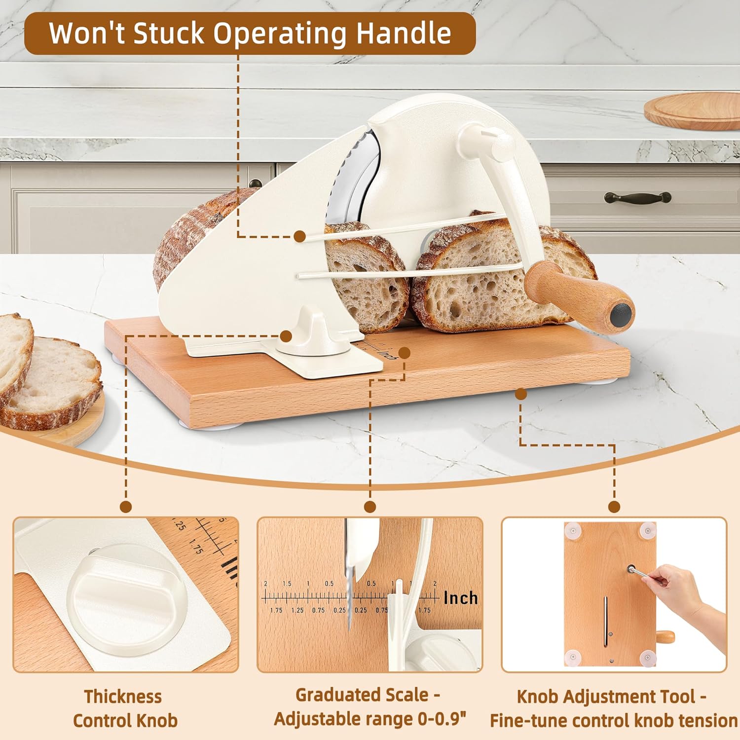 CAWIU Upgraded Manual Bread Slicer for Homemade Sourdough Bread - Adjustable Thickness Bread Cutter with Hand Crank, Suction Cups, Slicing Guide, Scale Line & Cover, for Perfect Even Slices (Cream)