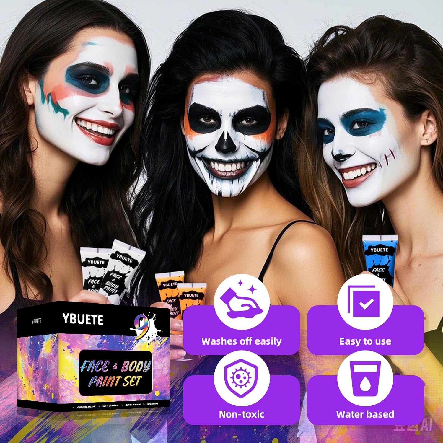 YBUETE 9 Colors Face Body Paint Set, Professional Paint Set for Halloween Cosplay Costume Party, Full-coverage Multi-Color Cream Makeup Blendable Set for Adults Halloween Cosplay SFX Makeup Paint