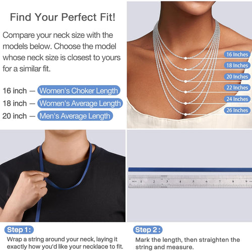 1.5mm 2mm Rope Chain 925 Sterling Silver Chain Necklace for Women, Sturdy Durable Women's Chains Necklace, 16 18 20 22 24 26 Inch