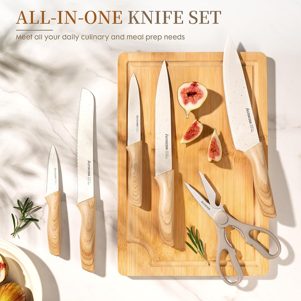 Astercook Knife Set, 13 Pieces Kitchen Knives Set With Ceramic Coating, Stainless Steel Chef Knife Sets With 6 Blade Guards, Dishwasher Safe Knives With Wood Grain Handle, Elegant White