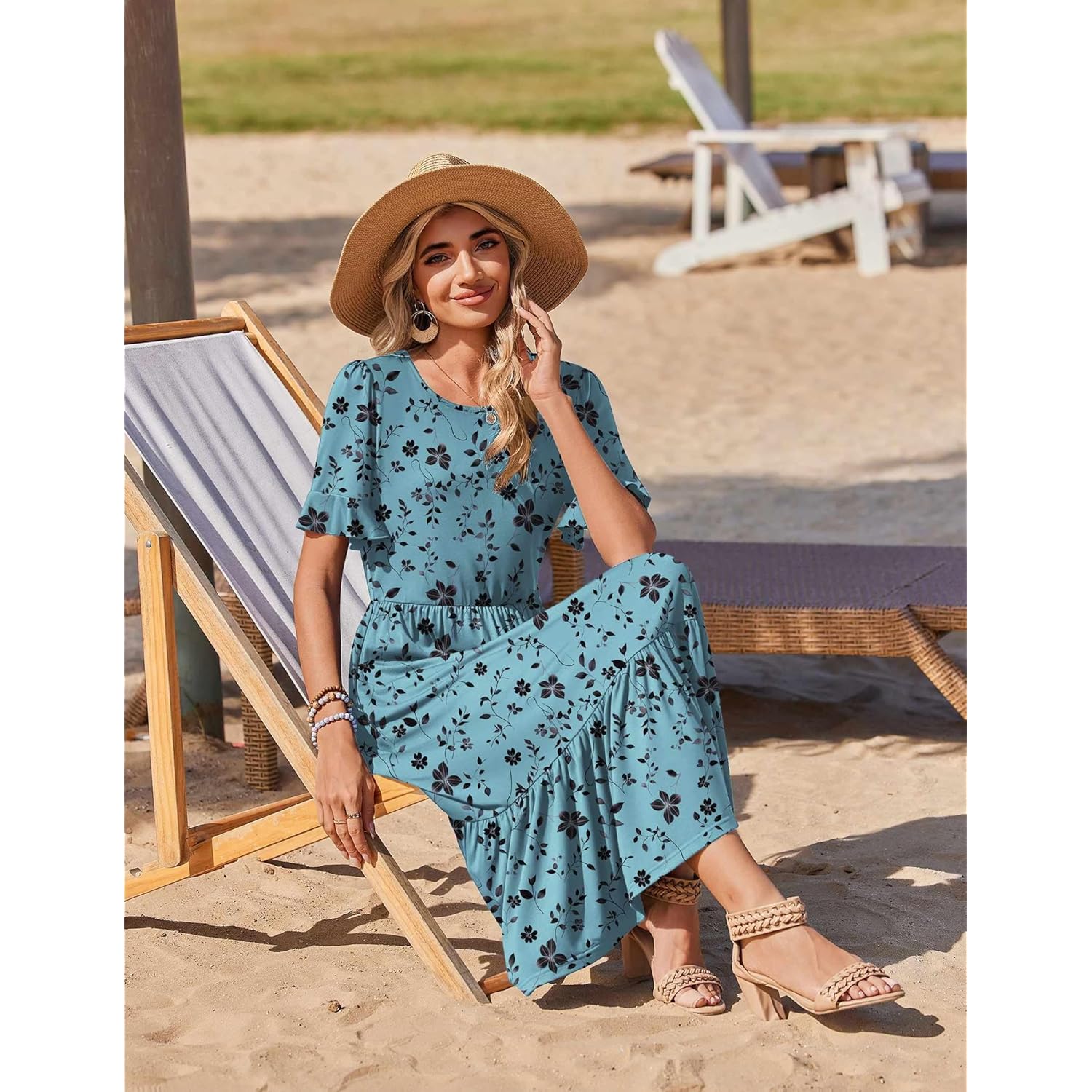 Womens Summer Dresses 2026 Casual Midi Dress Flowy Sundress Ruffle Short Sleeve Tiered Dresses A Line Boho Dress