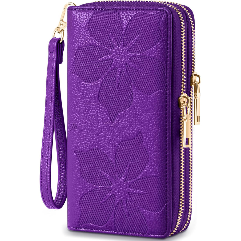 Espera Women Wallet RFID Blocking Large Capacity Card Holder Purse Double Zip Leather Designer Ladies Clutch with Wristlet