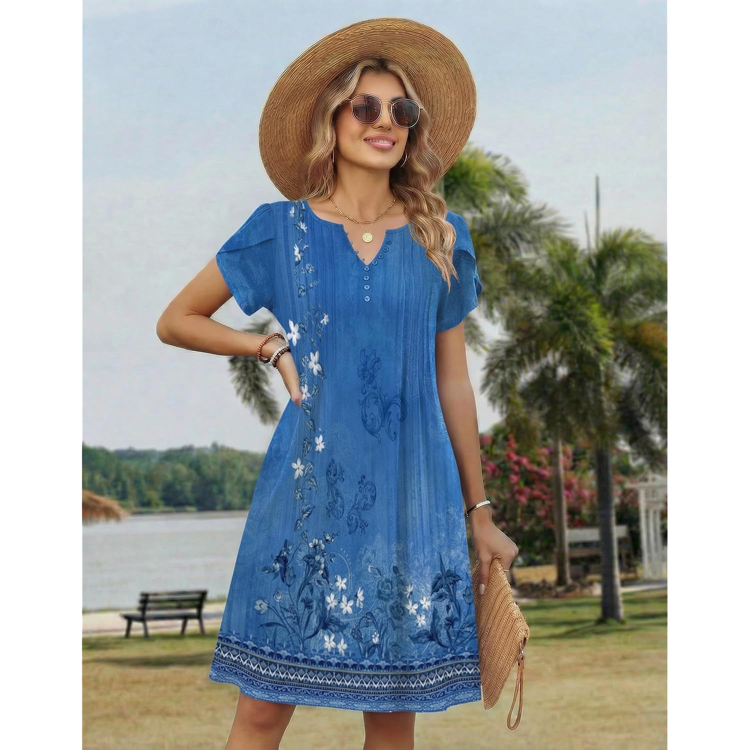 Zeagoo Women'S Casual Dresses With Pockets Summer Floral V-Neck A-Line Tshirt Dress Short Sleeve Mini Dress Beach Sundress