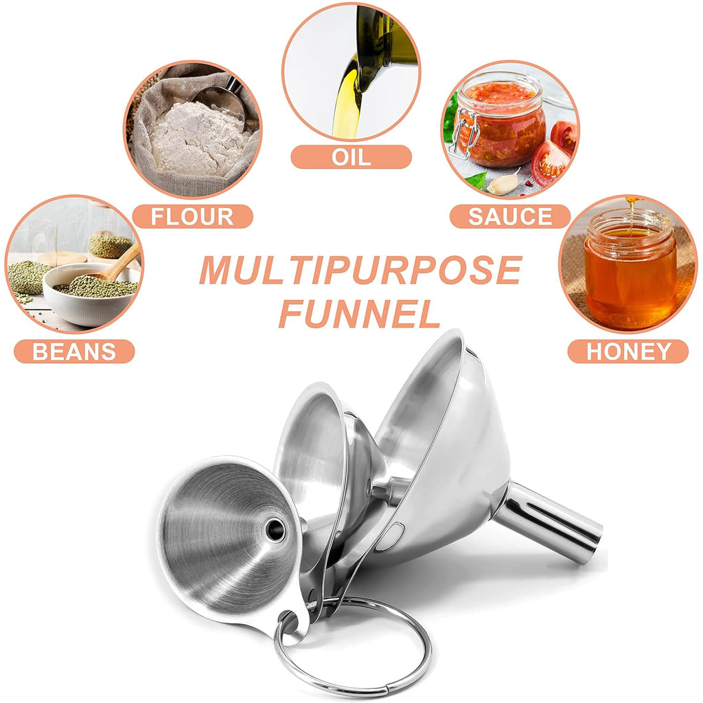 Anaeat Stainless Steel Mini Kitchen Funnel Set, 3 Pack Durable Metal Filling Funnels For Transferring Liquid, Dry Ingredients, Cosmetic Lotion, Fluid, Spices, Powder - Food-Grade & High Heat Resistant