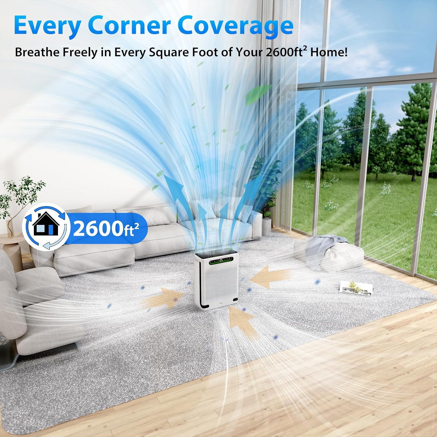 Freaire Air Purifiers For Home Large Room Up To 2600 Ft², Hepa Air Purifier With Washable Filter & Real-Time Pm2.5 Display, Turbo Mode & 20 Db Sleep Mode, Air Cleaner For Pet Hair Odors Smoke, Hap605