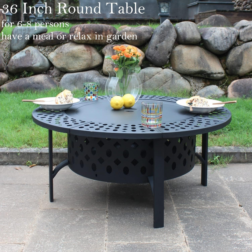 Outvue 36 Inch Fire Pit With 2 Grills, Wood Burning Fire Pits For Outside With Lid, Poker And Round Waterproof Cover, Bbq& Outdoor Firepit & Round Metal Table 3 In 1 For Patio, Picnic, Party