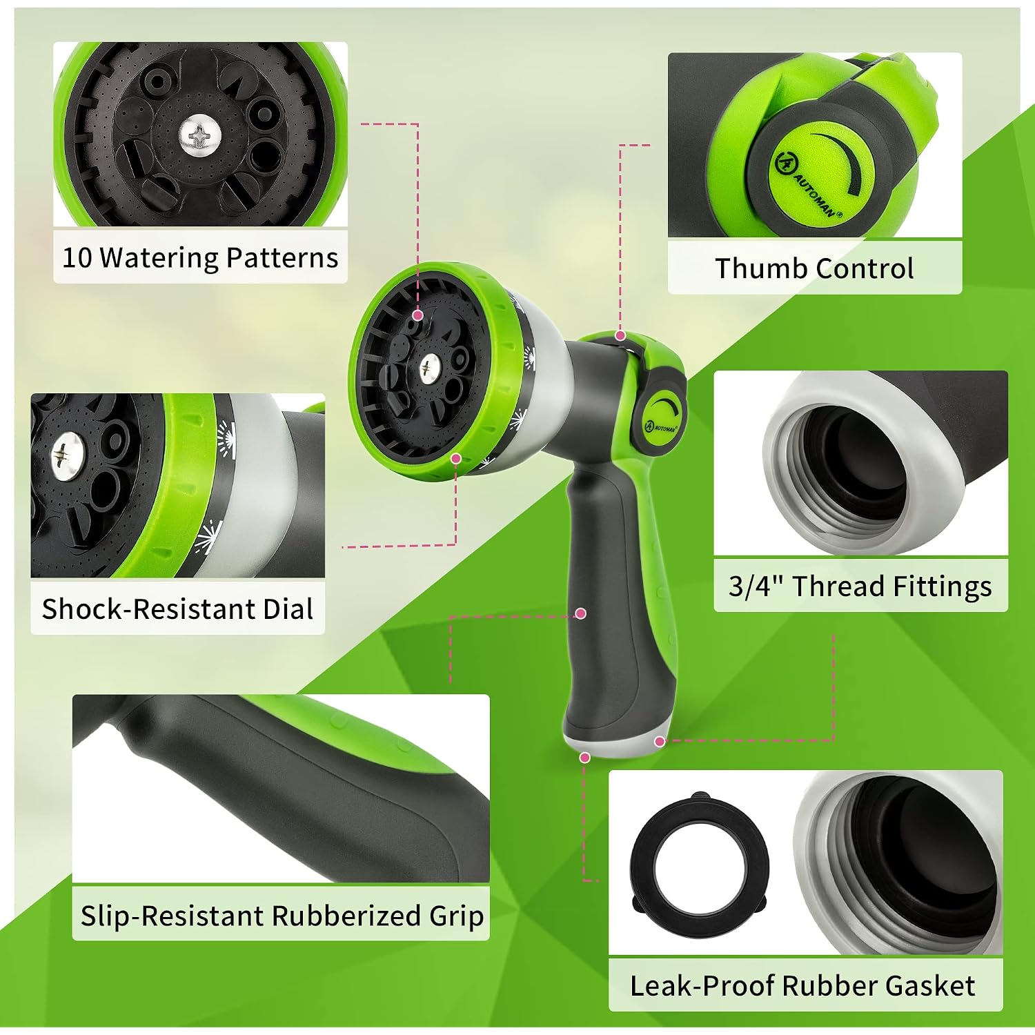 Automan Garden Hose Nozzle - 2 Pack, Thumb Control Sprayer, Slip-Resistant Water Nozzle, Extra 4 Washers, For Watering Plants Lawn & Garden, Cleaning, Washing Car, Showering Pets