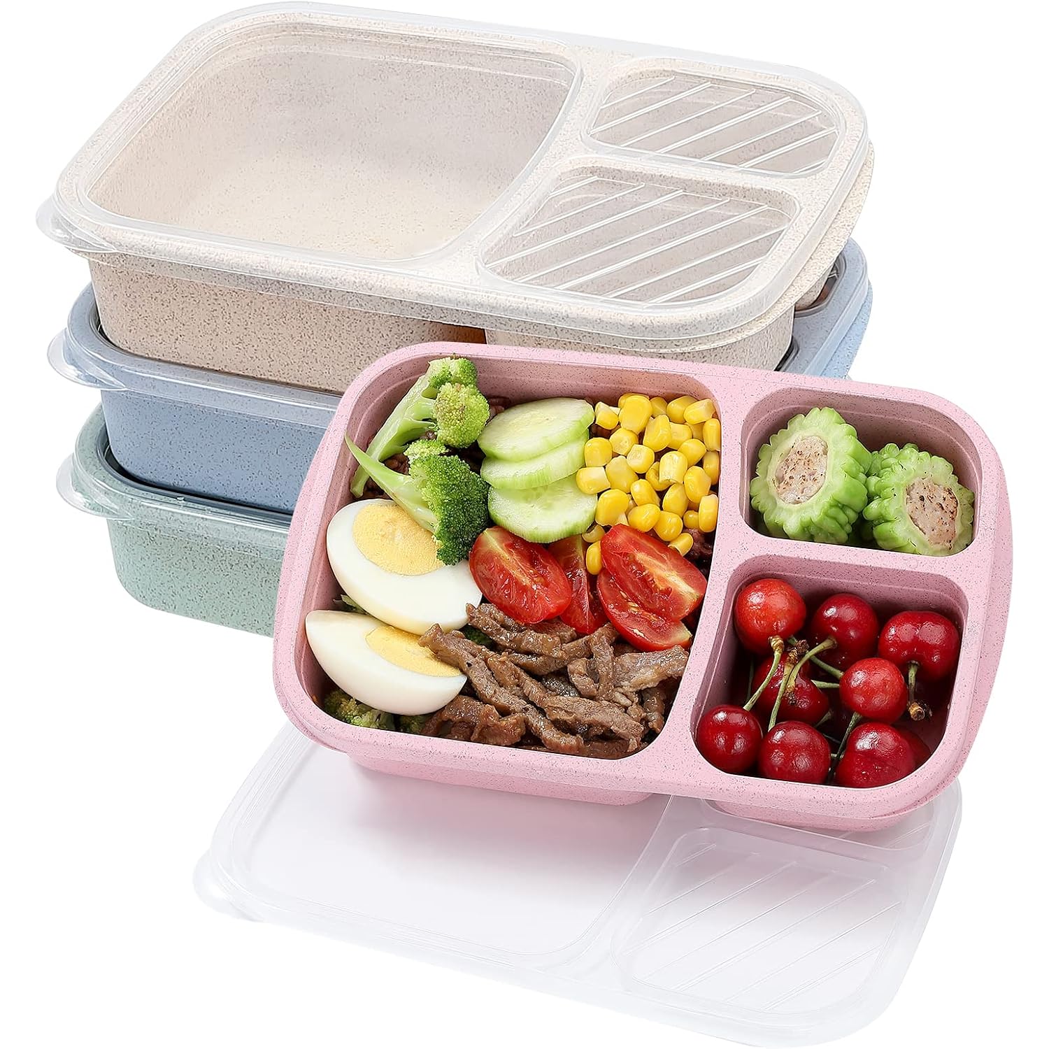 Buluker 4 Pack Bento Lunch Box Set 3 Compartment Food Storage Containers Wheat Straw Meal Prep Lunch Box Plastic Food Storage Containers, Microwave And Dishwasher Safe (Light Colour)