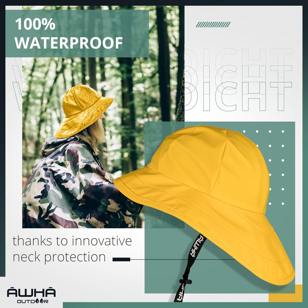 Souwester, Rain Hat - Waterproof Cap with Wide Brim and Earflaps Yellow