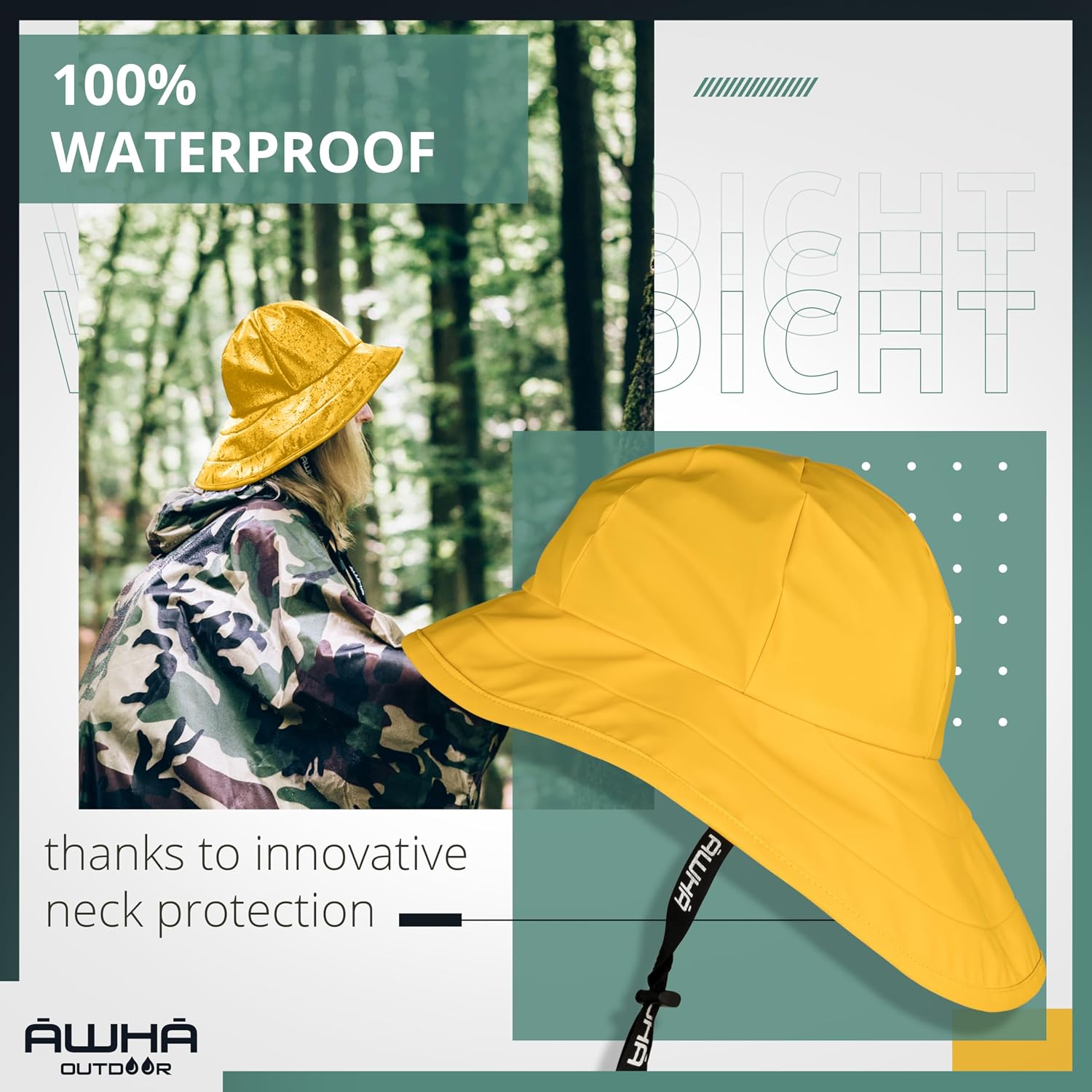 Souwester, Rain Hat - Waterproof Cap with Wide Brim and Earflaps Yellow
