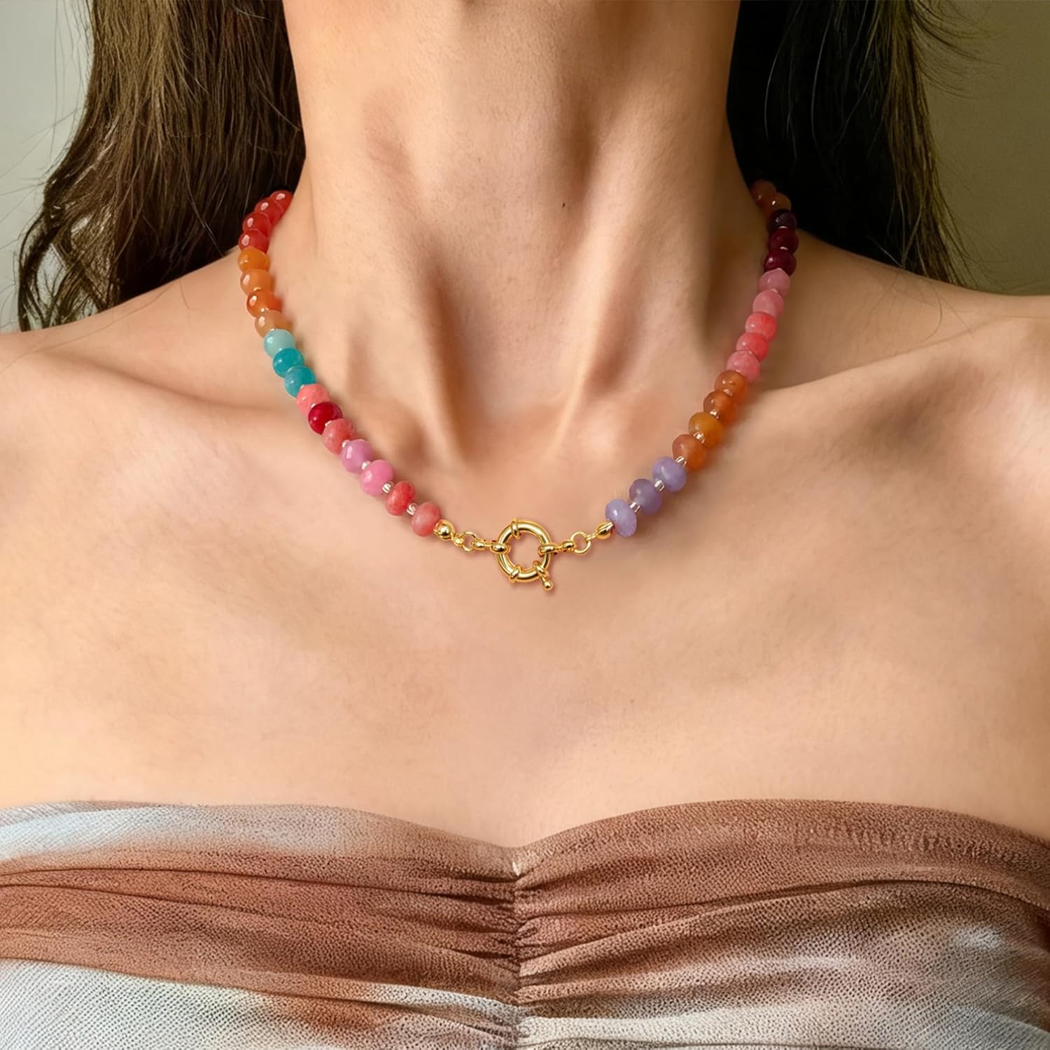 HAXIYA Colorful Beades Gemstone Necklace for Women Boho Beaded Choker Rainbow Colorful Natural Stone Summer Beach Jewelry for Women