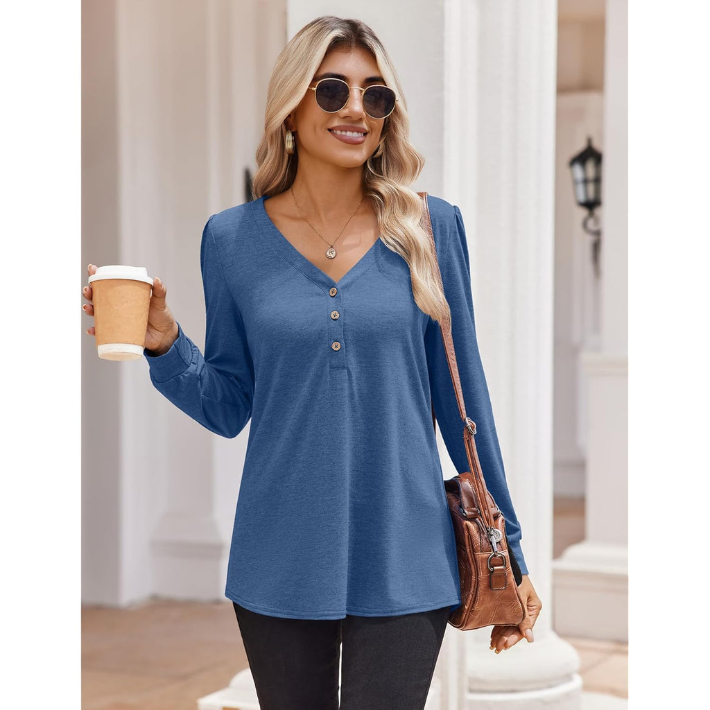 Women's Long Sleeve Shirts V Neck Dressy Casual Tops Trendy Button Down Blouse Fall Fashion Work Clothes