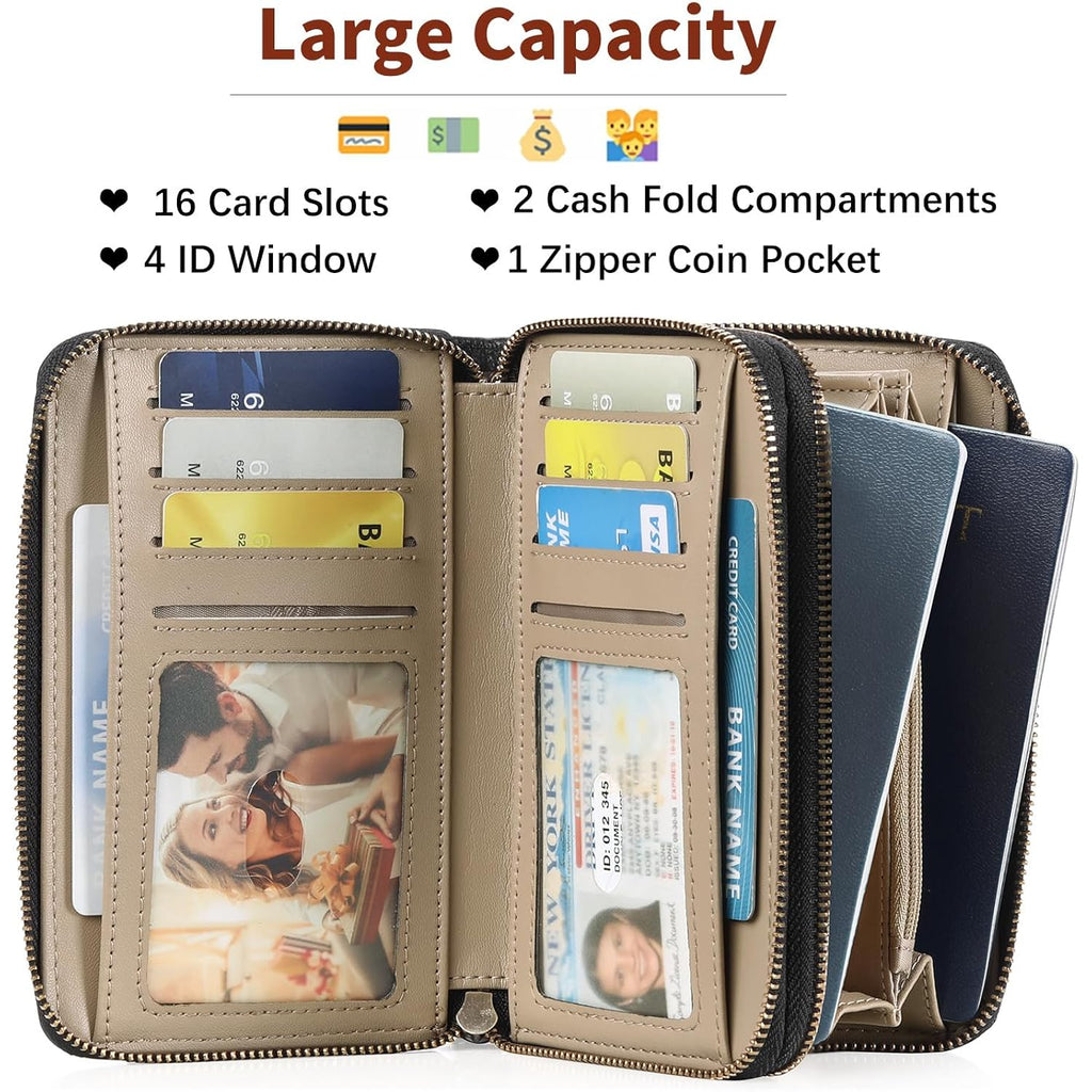 GOIACII Women's Wallet Double Zip Around Credit Card Holder Ladies Wallet Rfid Blocking Wristlet Purse Medium Size Leather Black