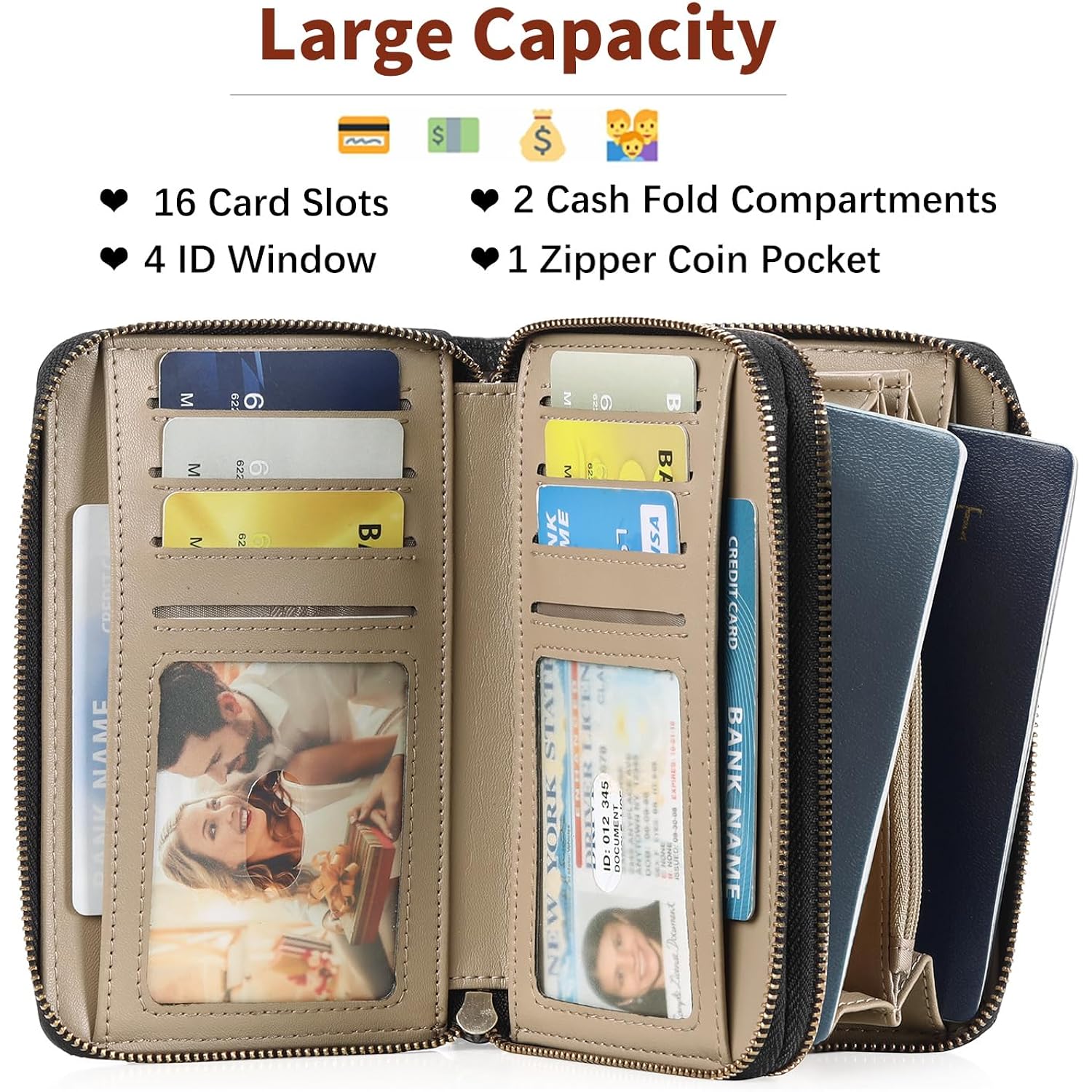 GOIACII Women's Wallet Double Zip Around Credit Card Holder Ladies Wallet Rfid Blocking Wristlet Purse Medium Size Leather Black