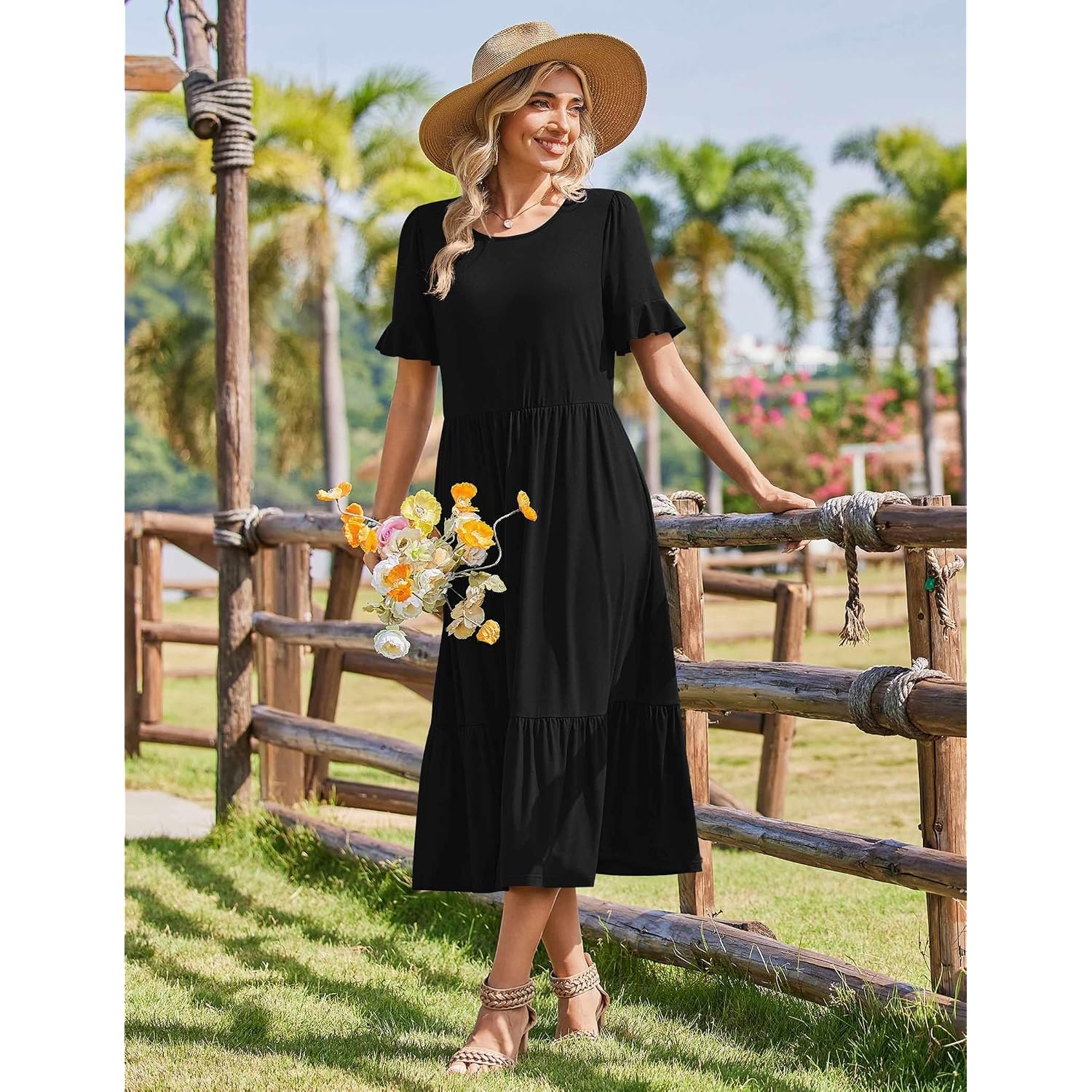 Zeagoo Womens Summer Dresses 2026 Casual Midi Dress Flowy Sundress Ruffle Short Sleeve Tiered Dresses A Line Boho Dress