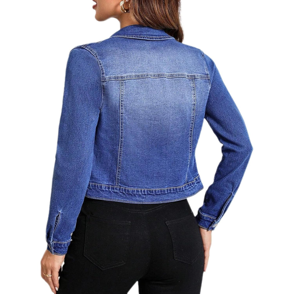 Women Trendy Jean Jacket Stretchy Cropped Denim Jacket Long Sleeve Button Down Denim Coat