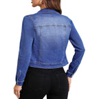 Women Trendy Jean Jacket Stretchy Cropped Denim Jacket Long Sleeve Button Down Denim Coat